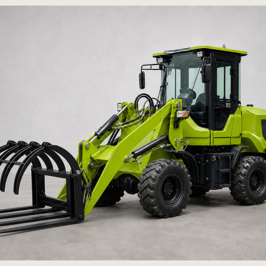1.5T Compact Electric Grapple Loader 1.5-ton compact electric articulated wheel loader with straight lower fork tines and curved hydraulic upper grapple