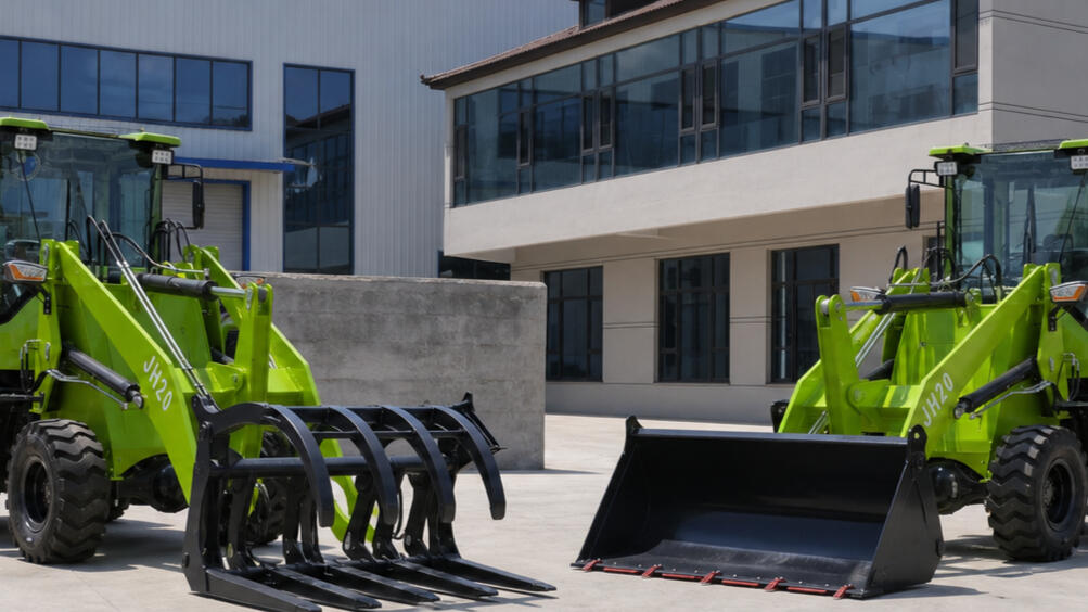 1.5T Grapple Loader Application 1.5-ton electric grapple loader carrying timber on straight lower fork tines with curved upper clamp
