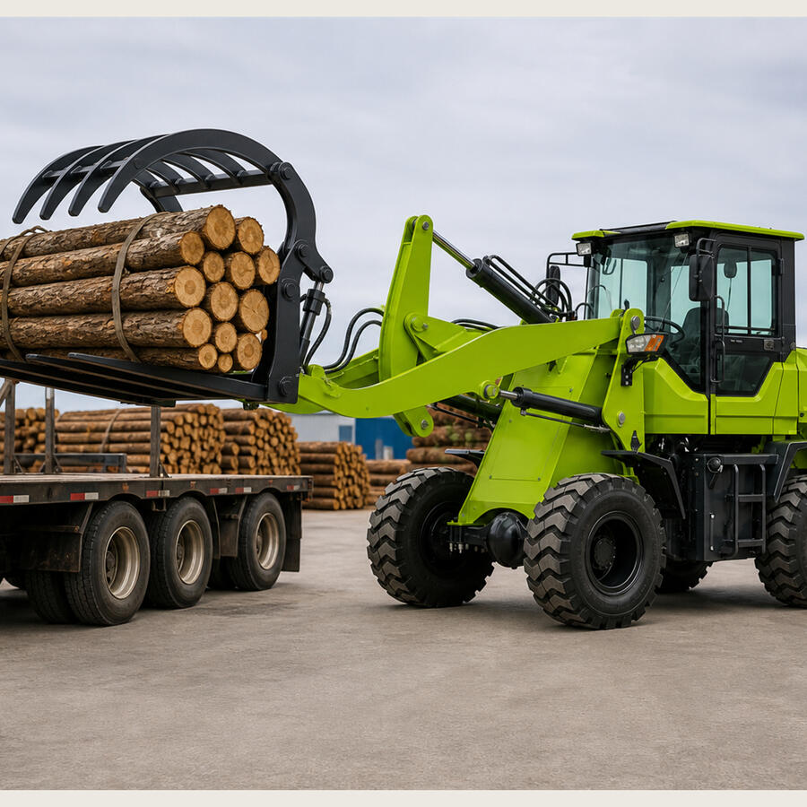 2.0T JH20EV Grapple Loader Application 2.0-ton JH20EV electric grapple loader loading timber with straight lower fork tines and curved upper clamp