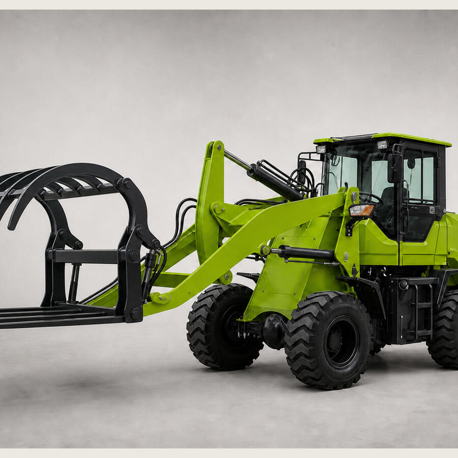 2.0T JH20EV Electric Grapple Loader 2.0-ton JH20EV electric articulated wheel loader with straight lower fork tines and curved hydraulic upper grapple